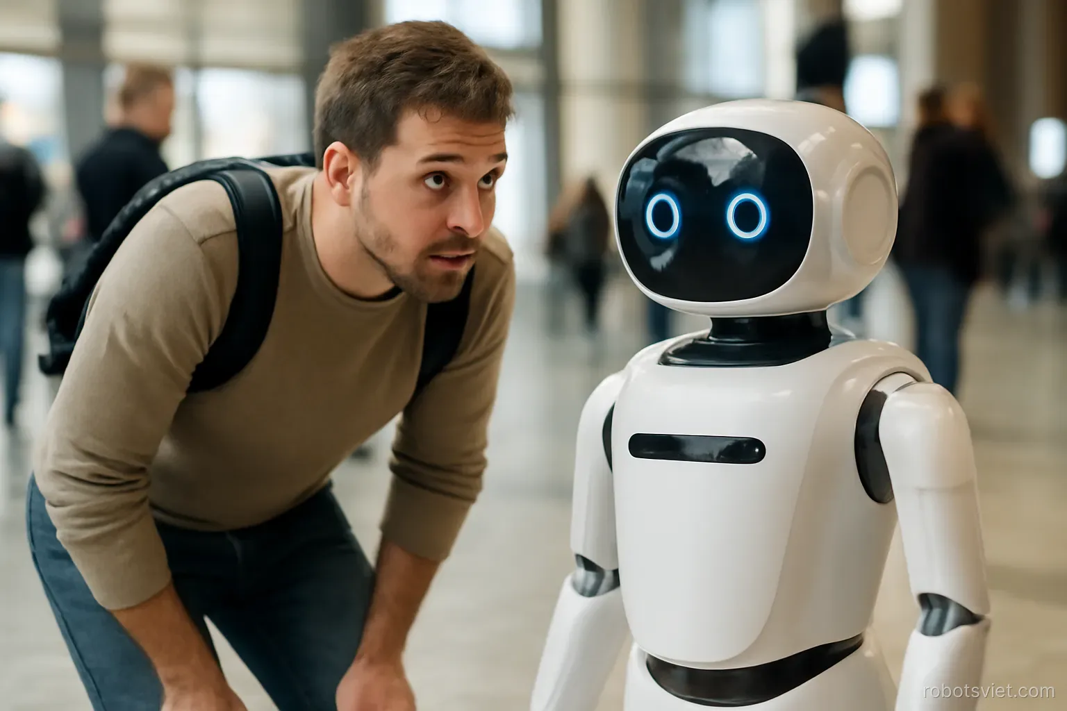 Người đang quan sát một robot dịch vụ