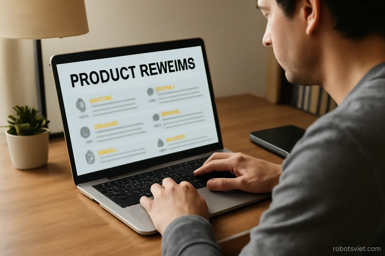 Người đang xem đánh giá sản phẩm trên máy tính