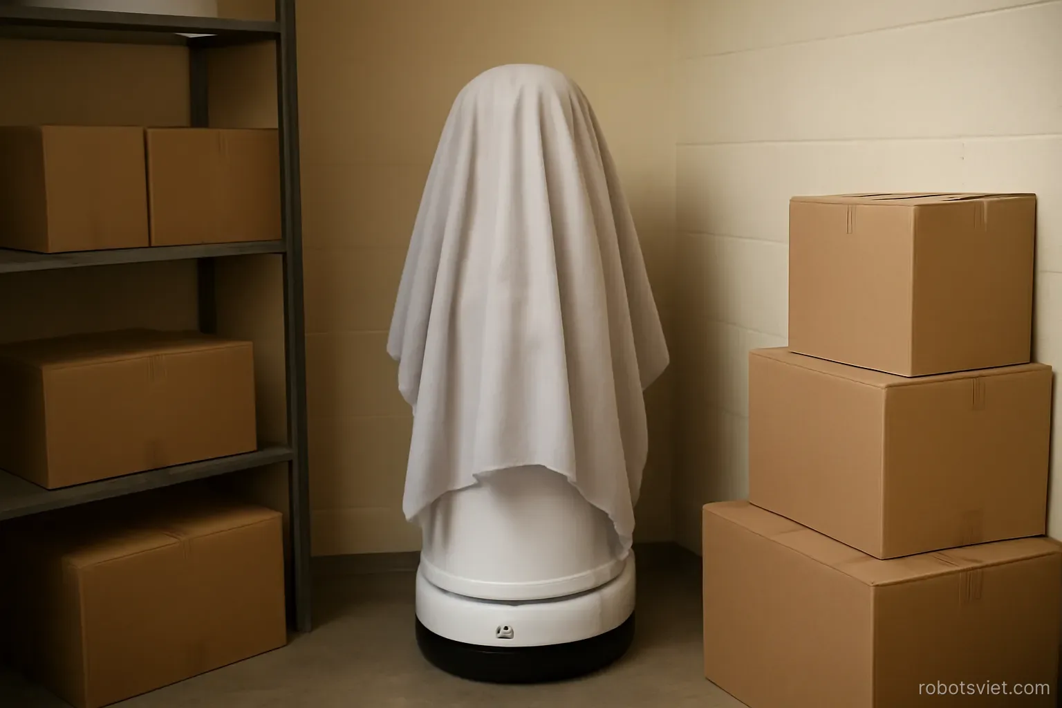Robot phủ vải đặt trong góc kho của cửa hàng