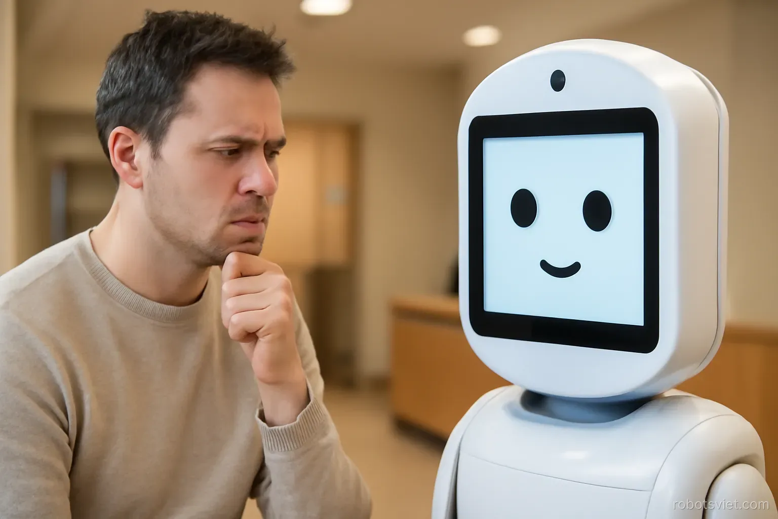 Người đang nhìn màn hình robot với vẻ băn khoăn