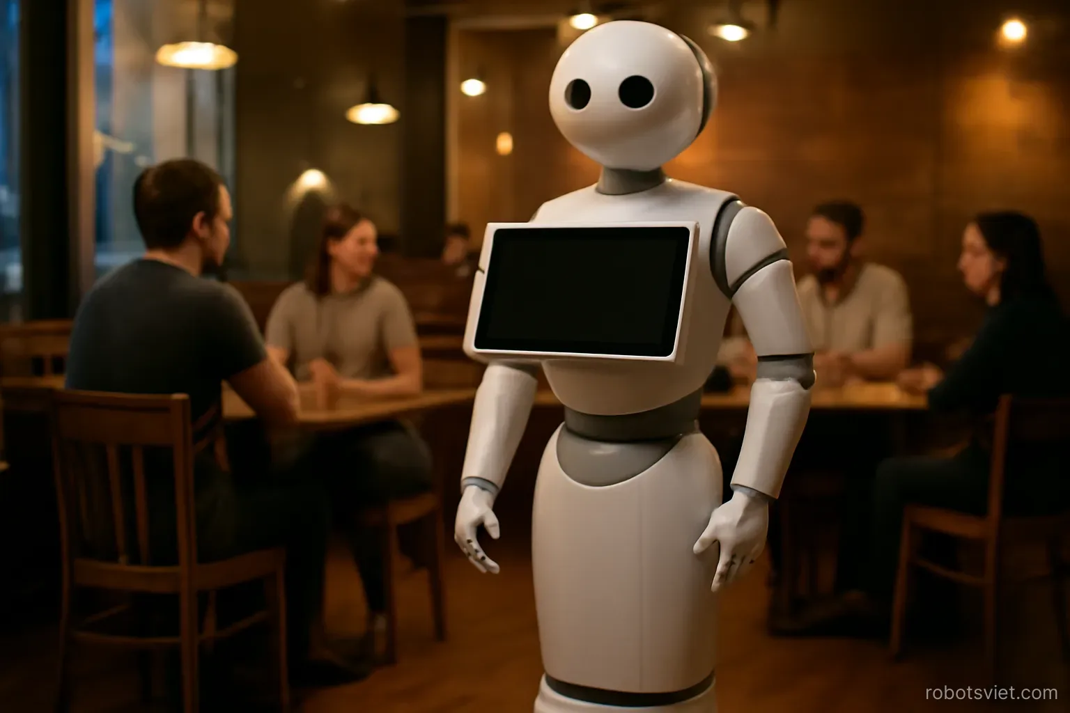 Robot phục vụ đứng trong không gian quán ăn có khách