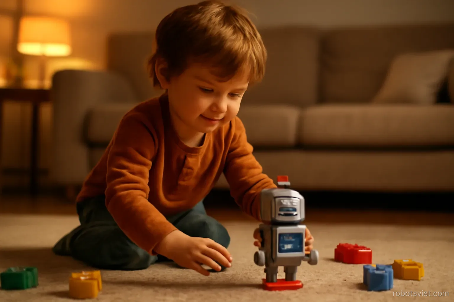 Trẻ em chơi với một robot nhỏ trên sàn nhà