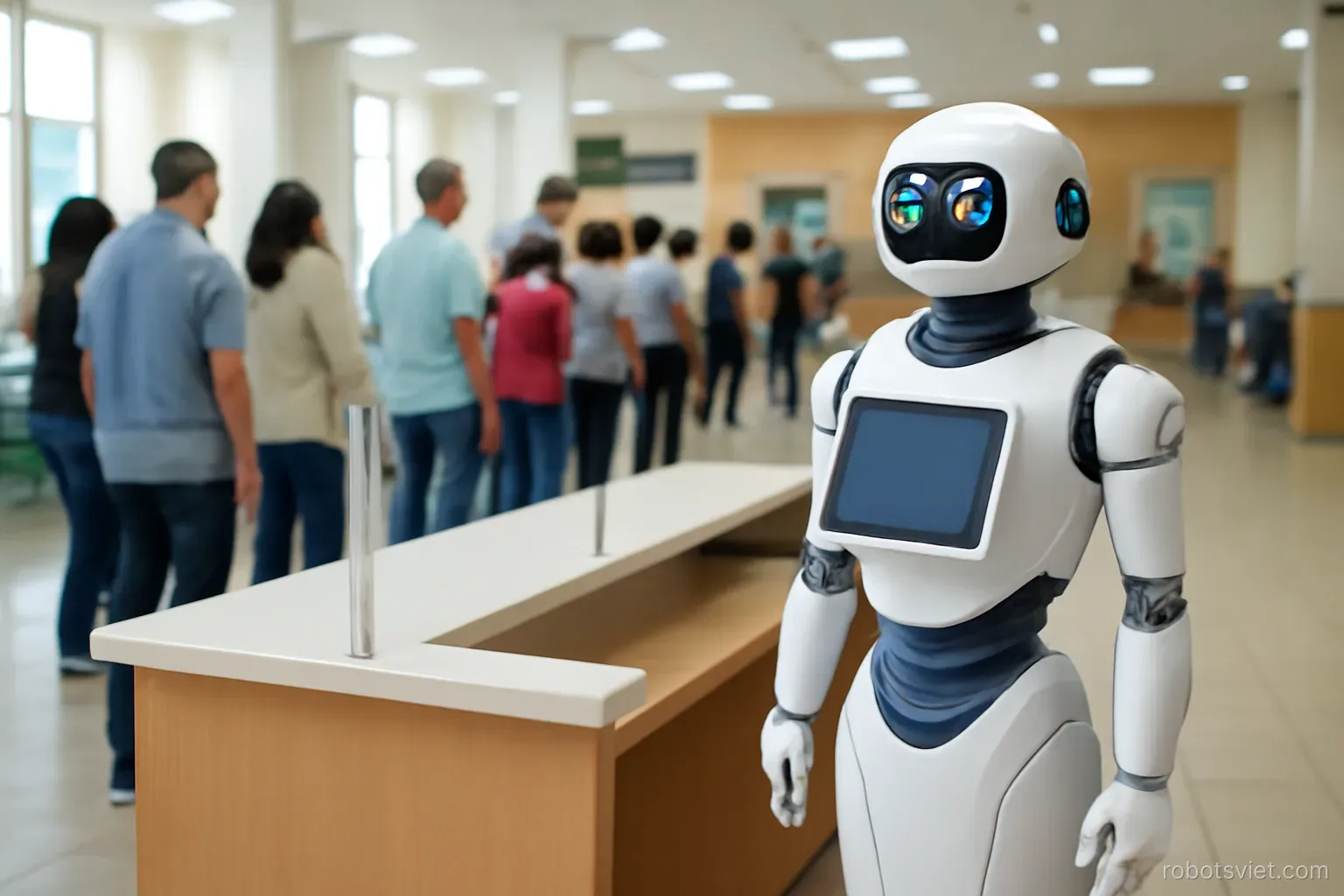 Robot đứng cạnh quầy giao dịch trong không gian công cộng