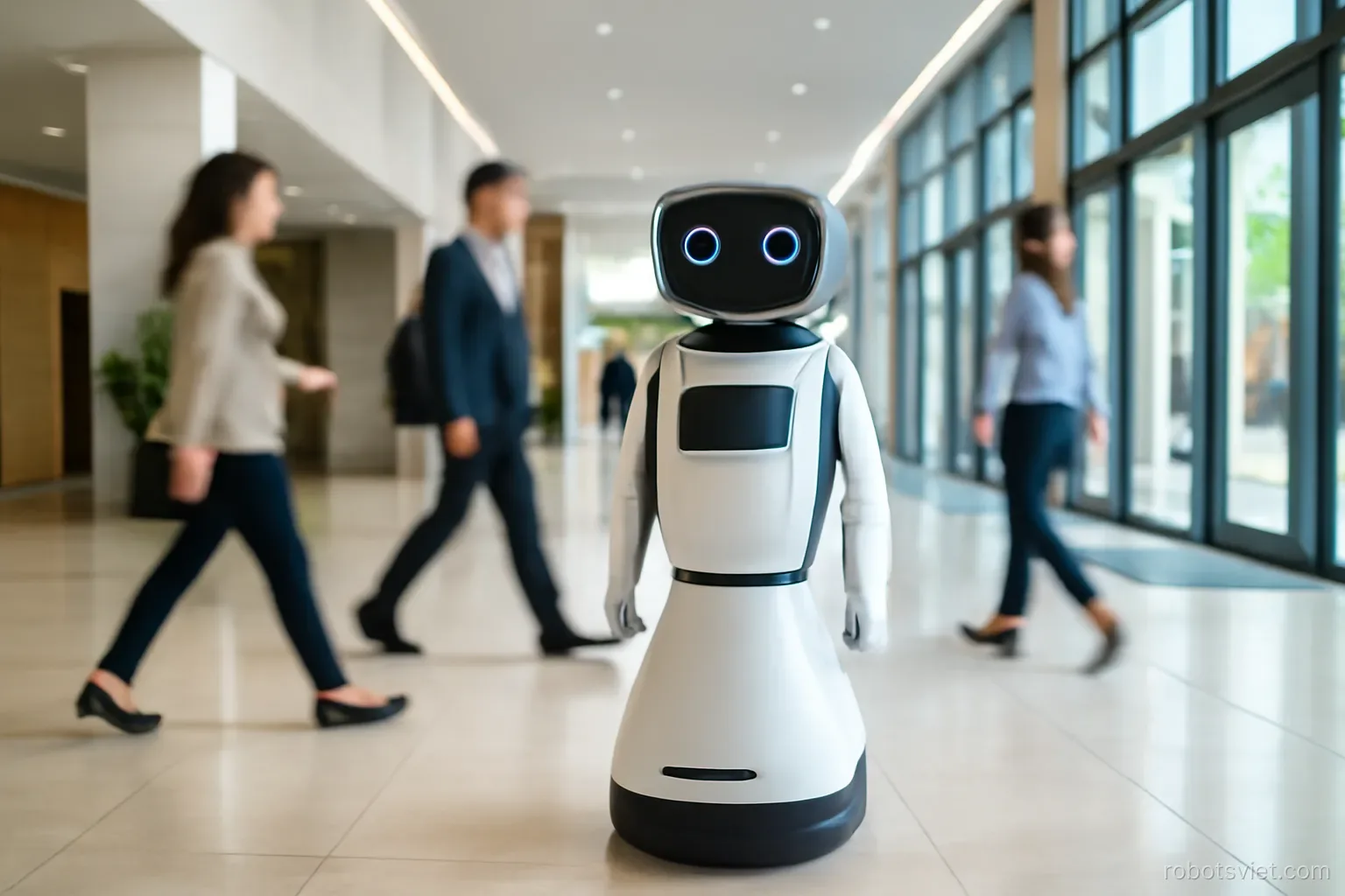 Robot đứng ở sảnh toà nhà có khách qua lại