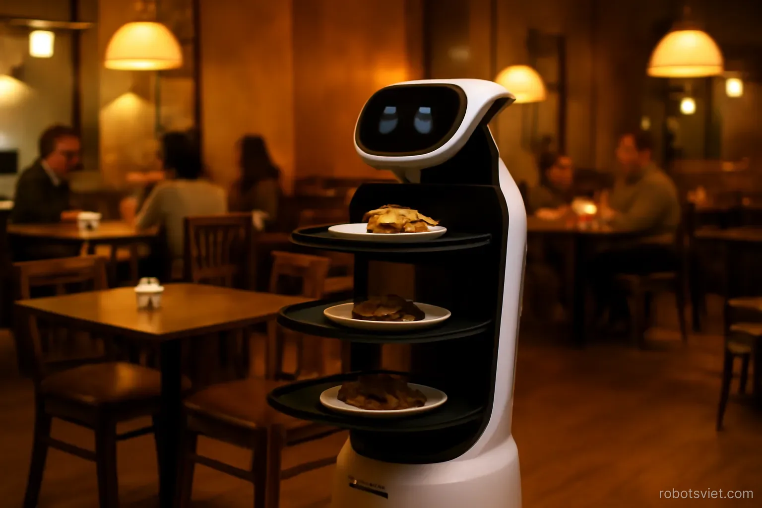 Robot chở khay thức ăn đi giữa các bàn