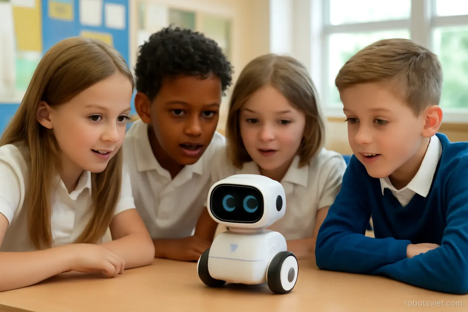 Học sinh vây quanh một robot nhỏ trong lớp