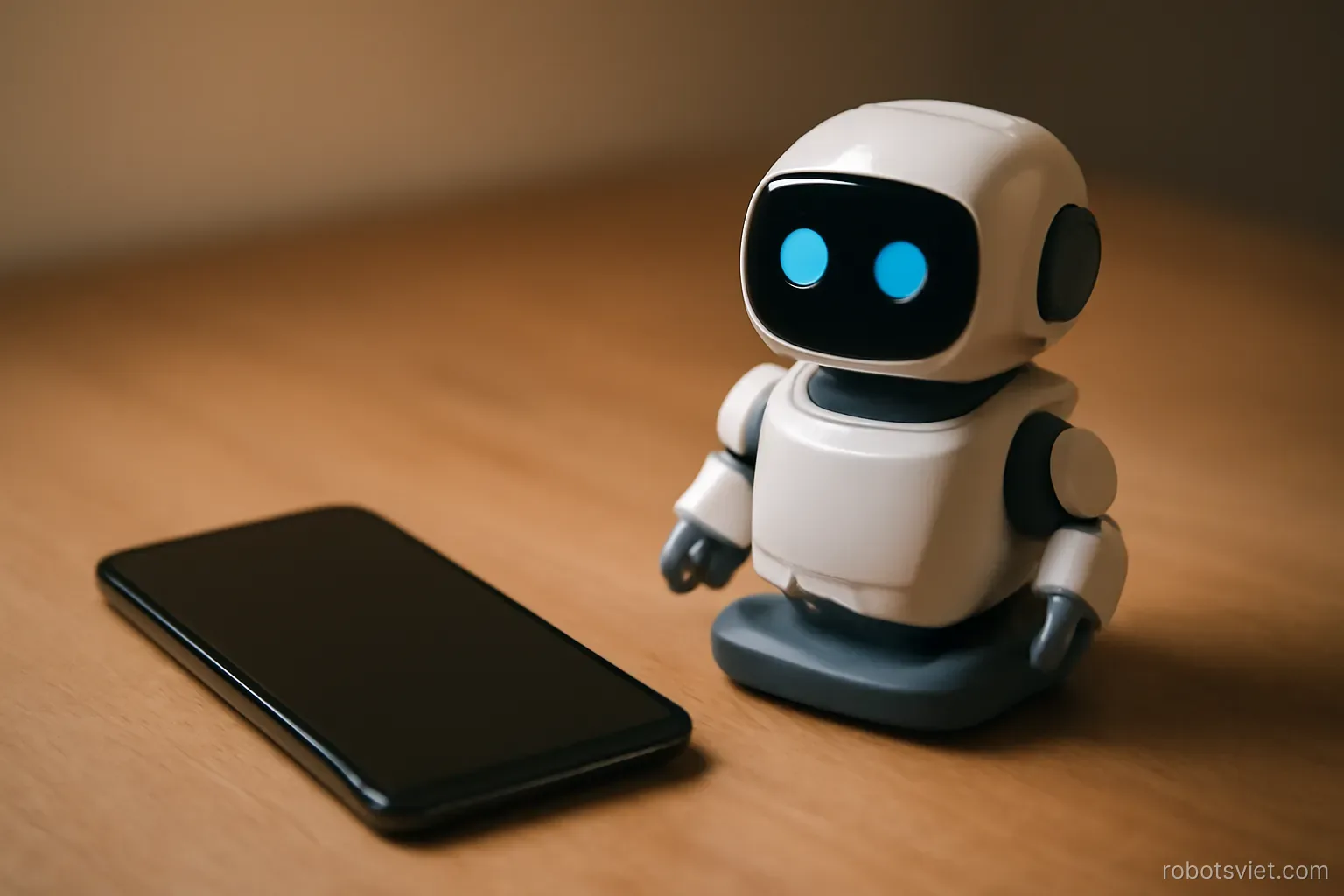 Điện thoại đặt cạnh một robot nhỏ trên bàn